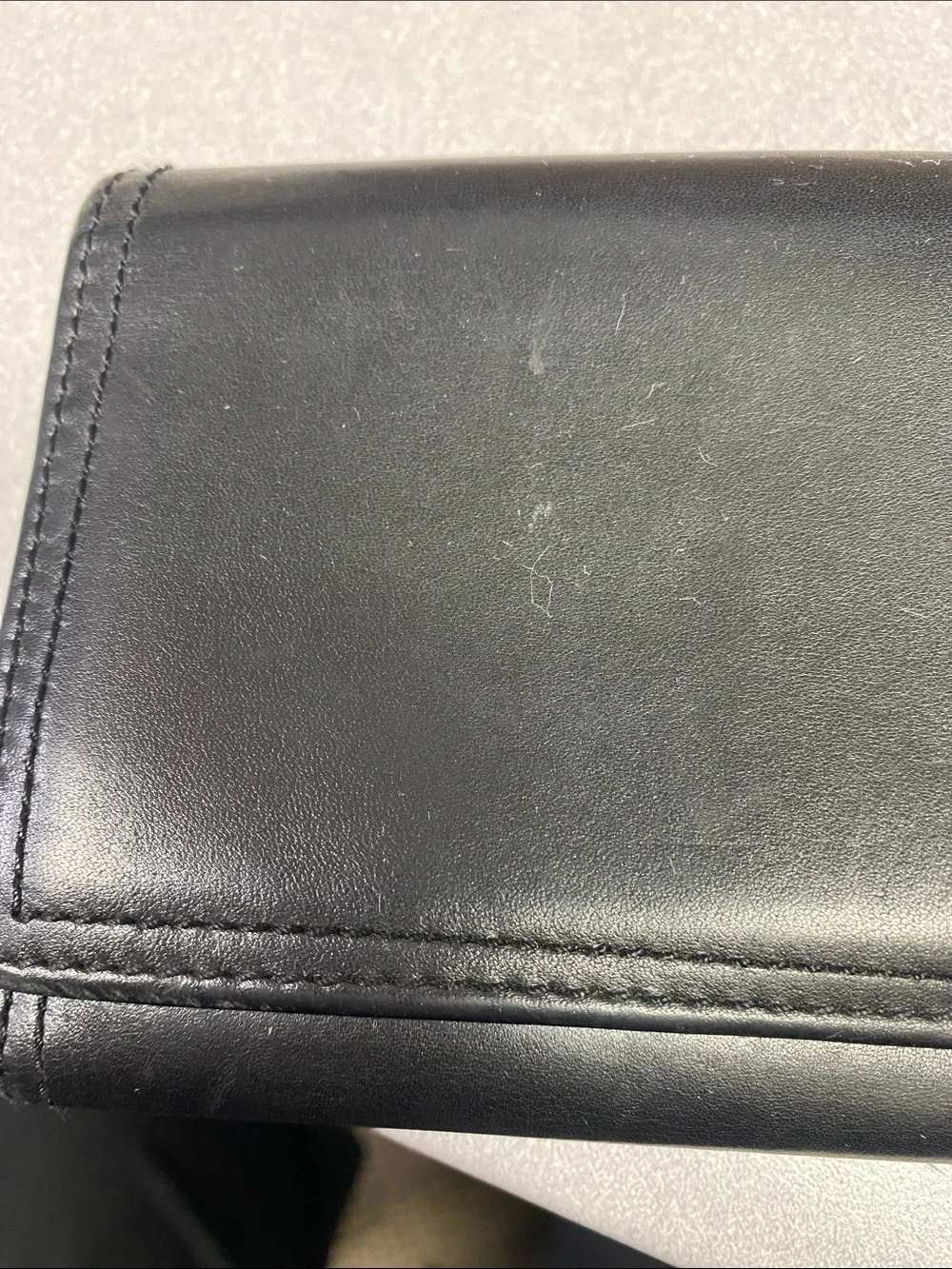 Coach Black Leather Trifold Wallet with Signature Metal Snap